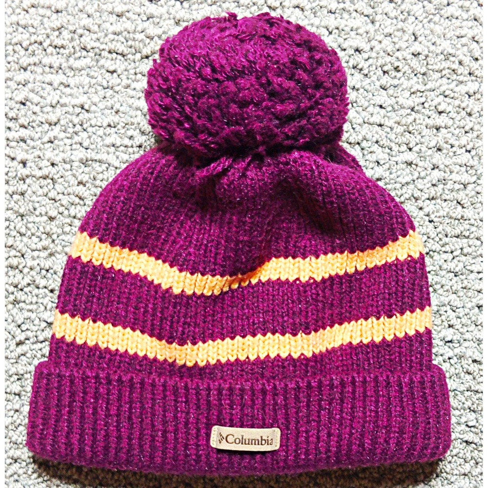 Columbia Purple/Yellow Striped Knit Pom-Pom Beanie Fleece Lined One Size Vin#C05